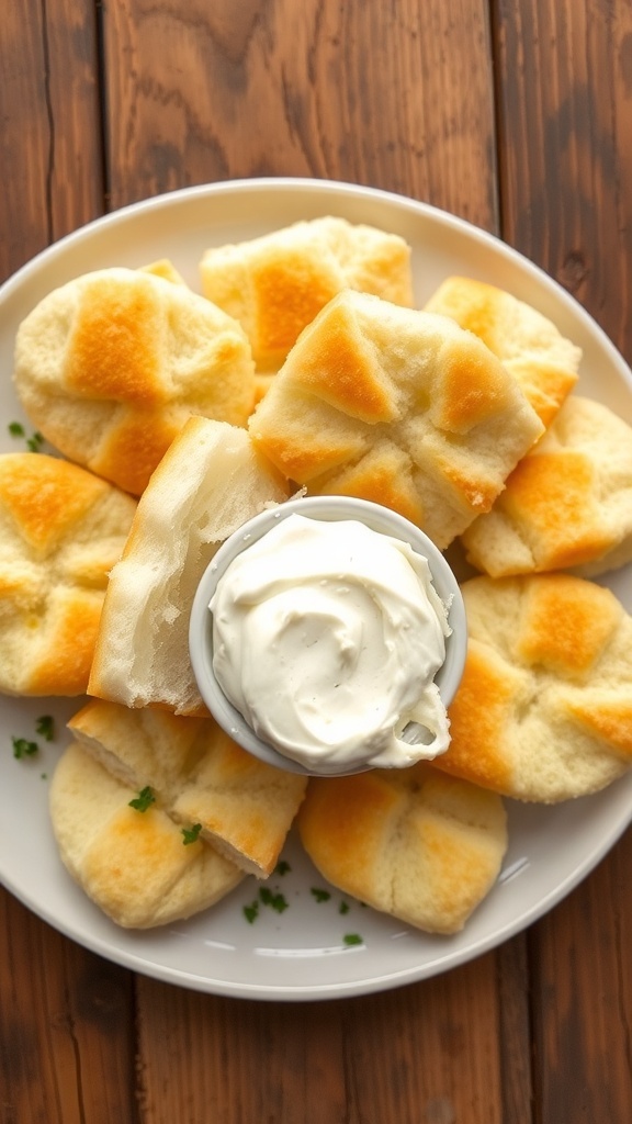 Fluffy cloud bread pieces on a plate, served with cream cheese spread and herbs.